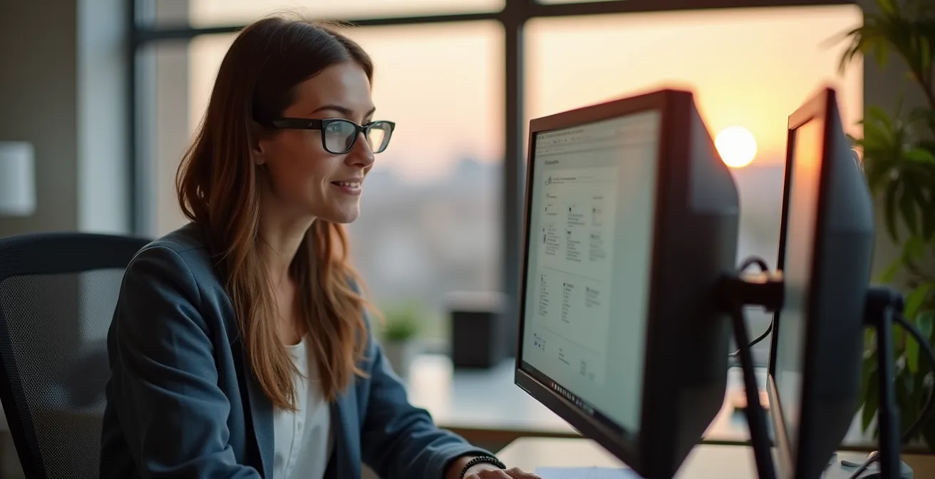 Personne travaillant confortablement sur ordinateur en fin de journée avec éclairage doux