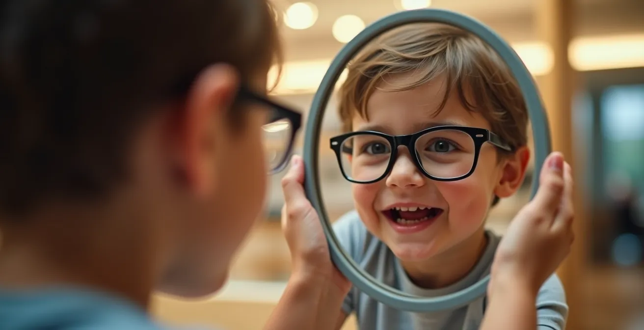 Enfant essayant des lunettes devant un miroir avec enthousiasme