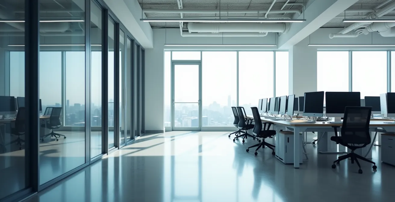 Bureau moderne avec climatisation visible et lumière naturelle contrastée