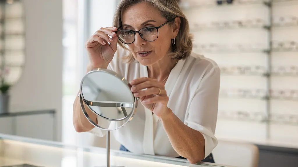 Femme essayant des lunettes chez un opticien pour choisir sa mutuelle optique